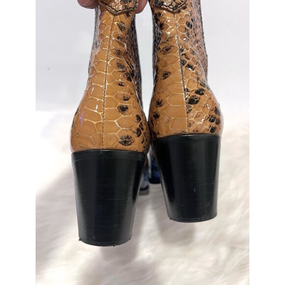 Ganni Two-tone Snake Embossed Leather Western Ankle Boots Blue Brown US 8 EUR38 - Picture 11 of 13